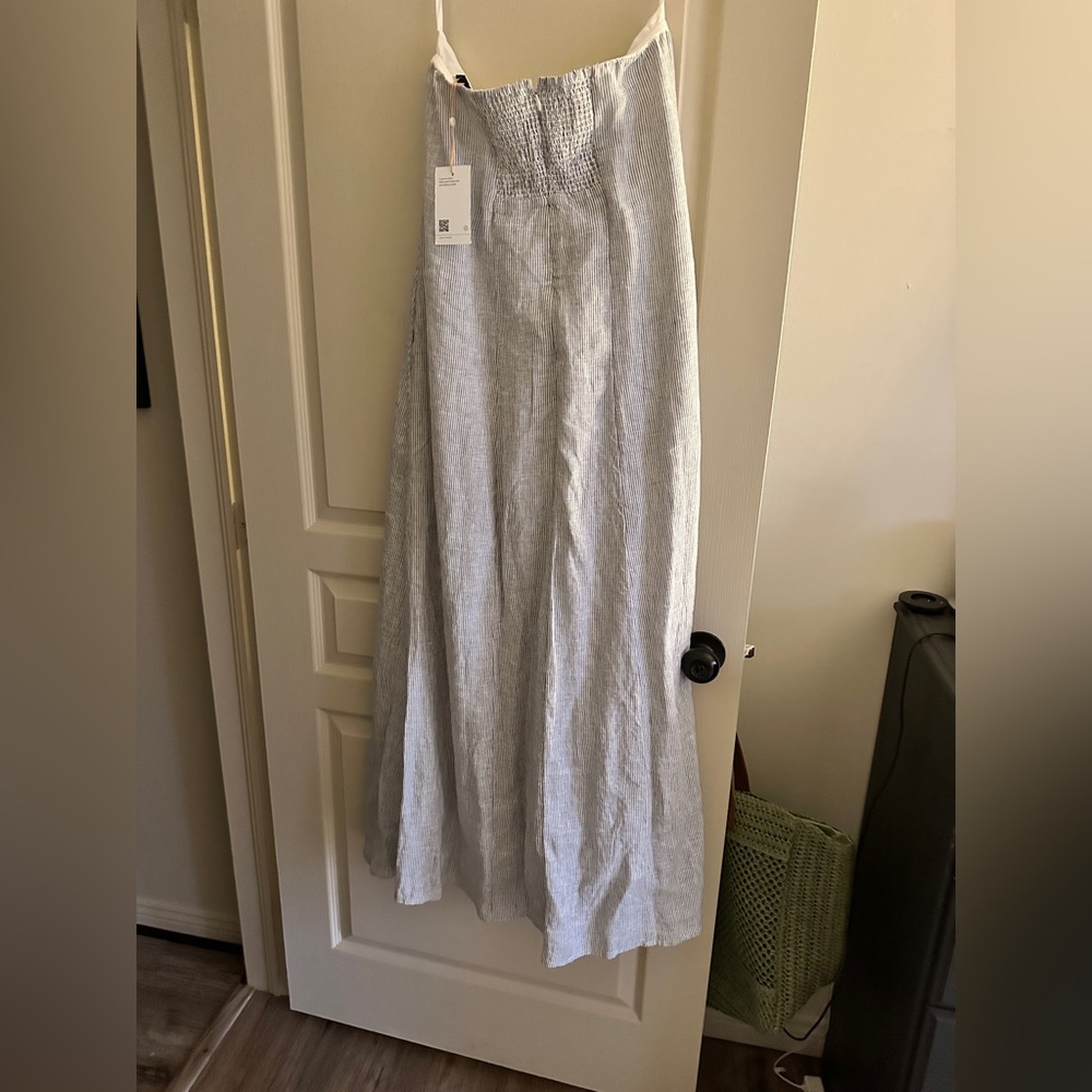 Quince 100% European Linen Strapless Maxi Dress in Blue Pinstripe 🔵⚪️ Size Large - Picture 8 of 10